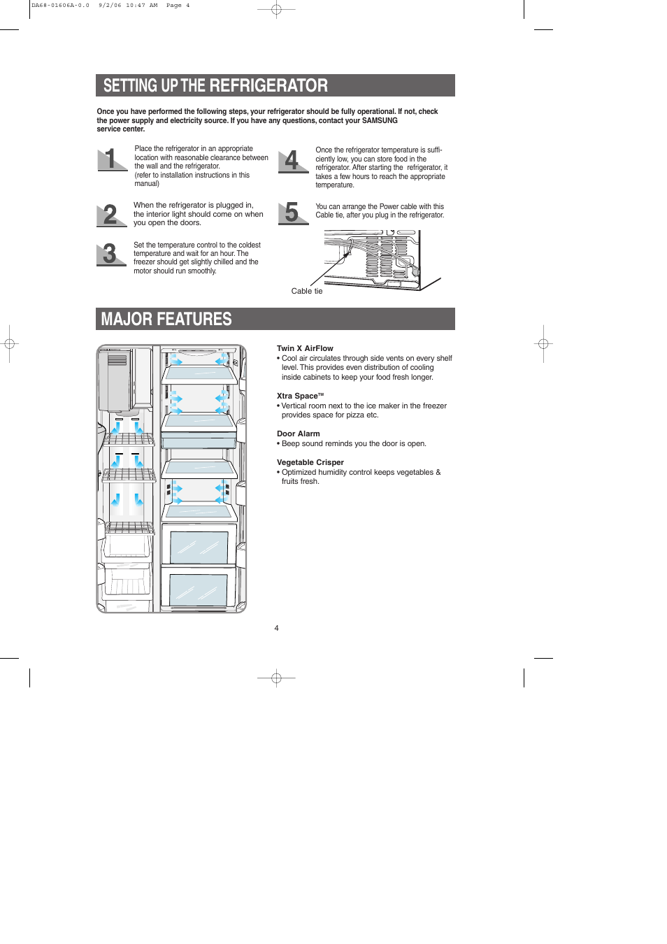 Setting up the refrigerator, Major features, Setting up the refrigerator major features | Samsung RS2530BWP-XAA User Manual | Page 4 / 32