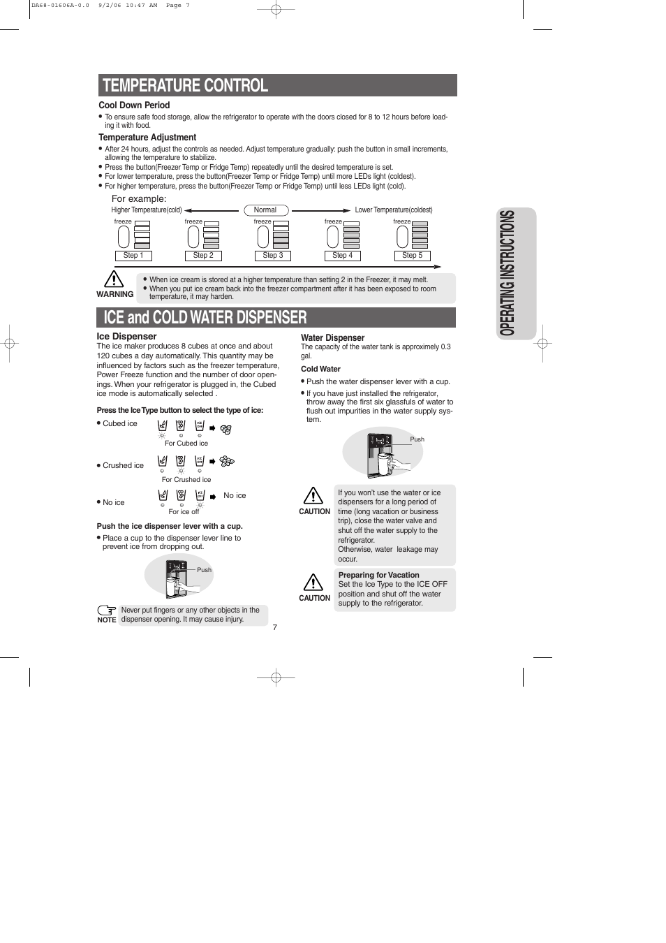 Temperature control, Ice and cold water dispenser, Opera ting instr uctions | Samsung RS2530BWP-XAA User Manual | Page 7 / 32