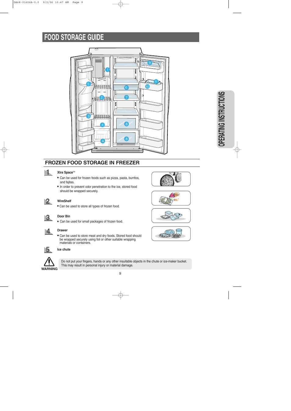 Food storage guide, Opera ting instr uctions | Samsung RS2530BWP-XAA User Manual | Page 9 / 32