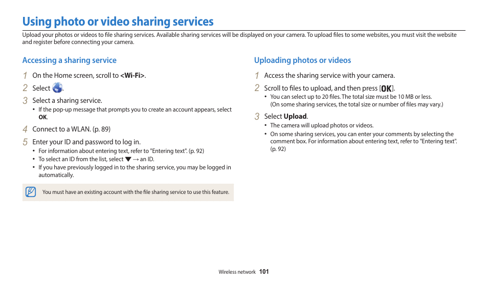 Using photo or video sharing services, Accessing a sharing service, Uploading photos or videos | Samsung EC-WB35FZBPBUS User Manual | Page 102 / 140