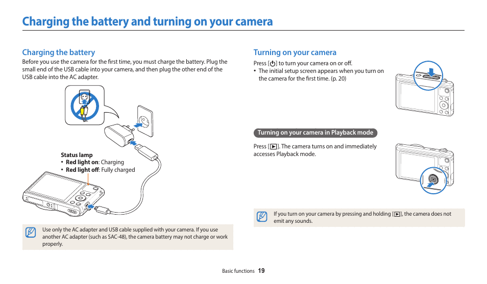 Charging the battery and turning on your camera, Charging the battery, Turning on your camera | Charging the battery turning on your camera | Samsung EC-WB35FZBPBUS User Manual | Page 20 / 140