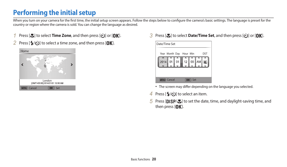 Performing the initial setup | Samsung EC-WB35FZBPBUS User Manual | Page 21 / 140