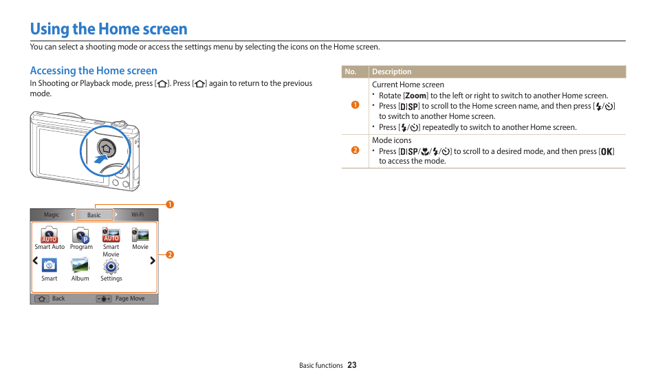 Using the home screen, Accessing the home screen | Samsung EC-WB35FZBPBUS User Manual | Page 24 / 140