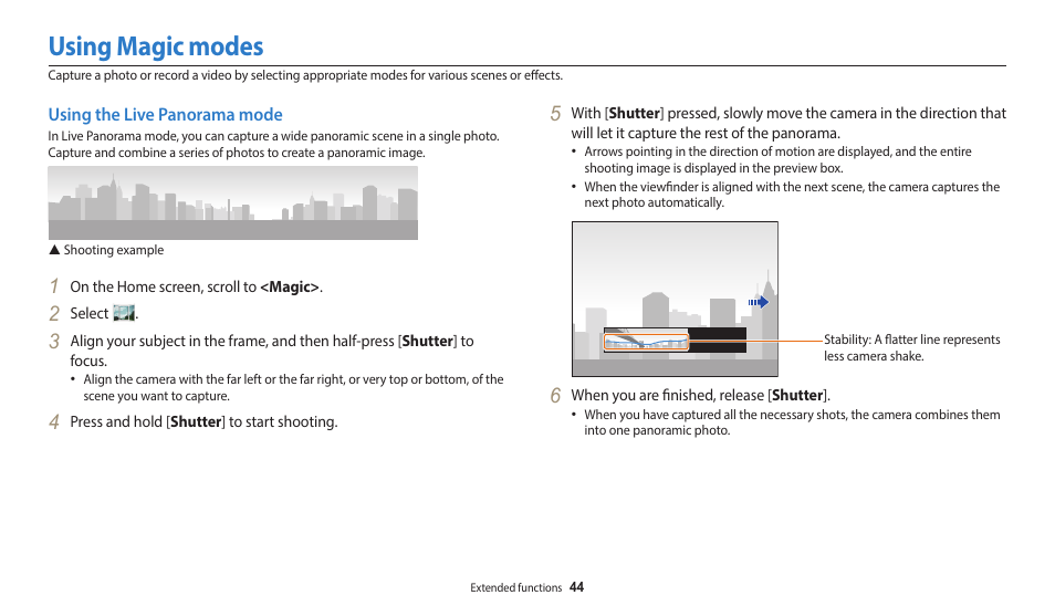 Using magic modes, Using the live panorama mode | Samsung EC-WB35FZBPBUS User Manual | Page 45 / 140