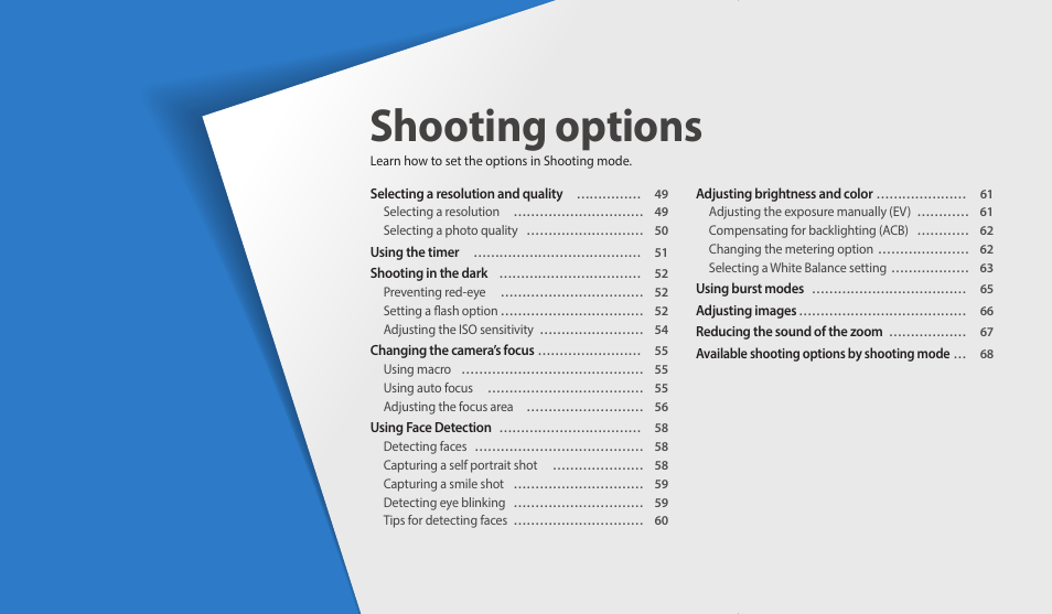 Shooting options, Learn how to set the options in shooting mode | Samsung EC-WB35FZBPBUS User Manual | Page 49 / 140