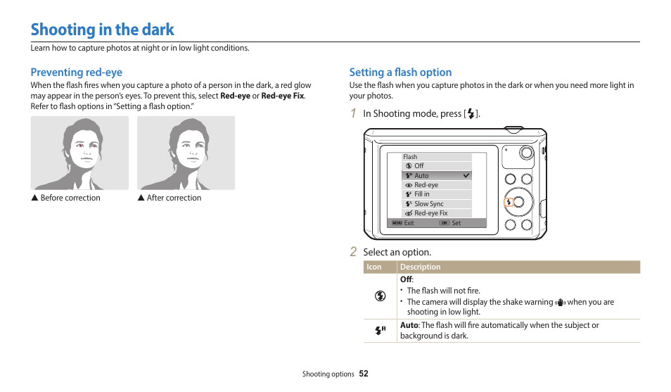 Shooting in the dark, Preventing red-eye, Setting a flash option | Preventing red-eye setting a flash option | Samsung EC-WB35FZBPBUS User Manual | Page 53 / 140