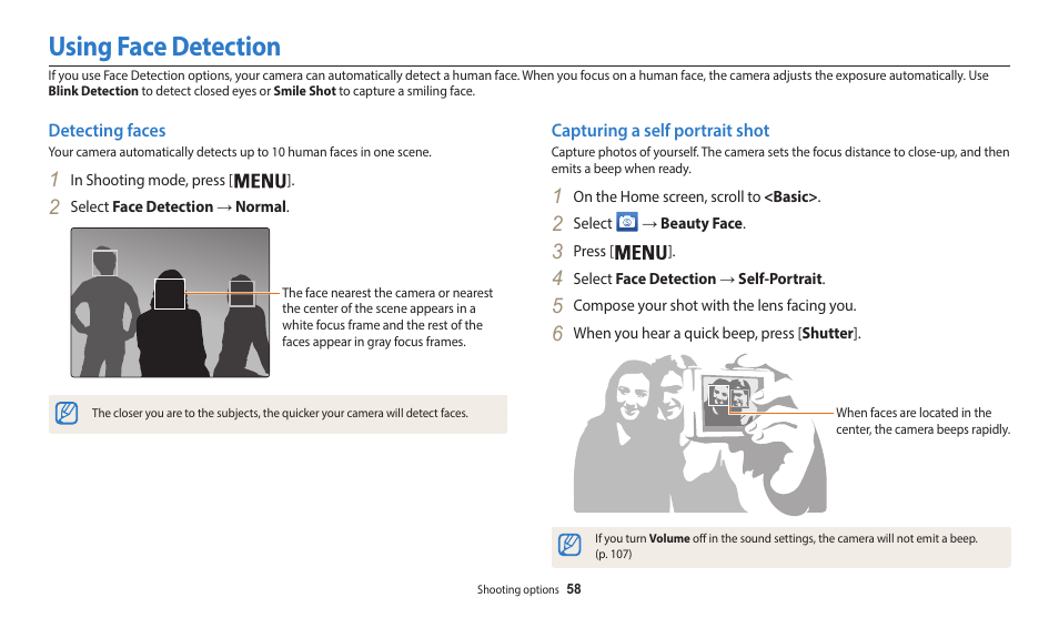 Using face detection, Detecting faces, Capturing a self portrait shot | Detecting faces capturing a self portrait shot | Samsung EC-WB35FZBPBUS User Manual | Page 59 / 140