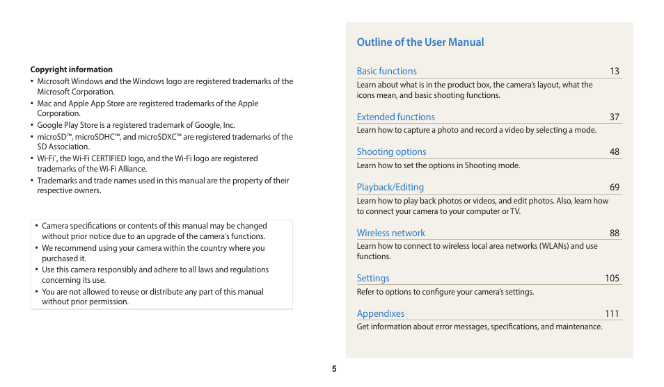 Outline of the user manual | Samsung EC-WB35FZBPBUS User Manual | Page 6 / 140