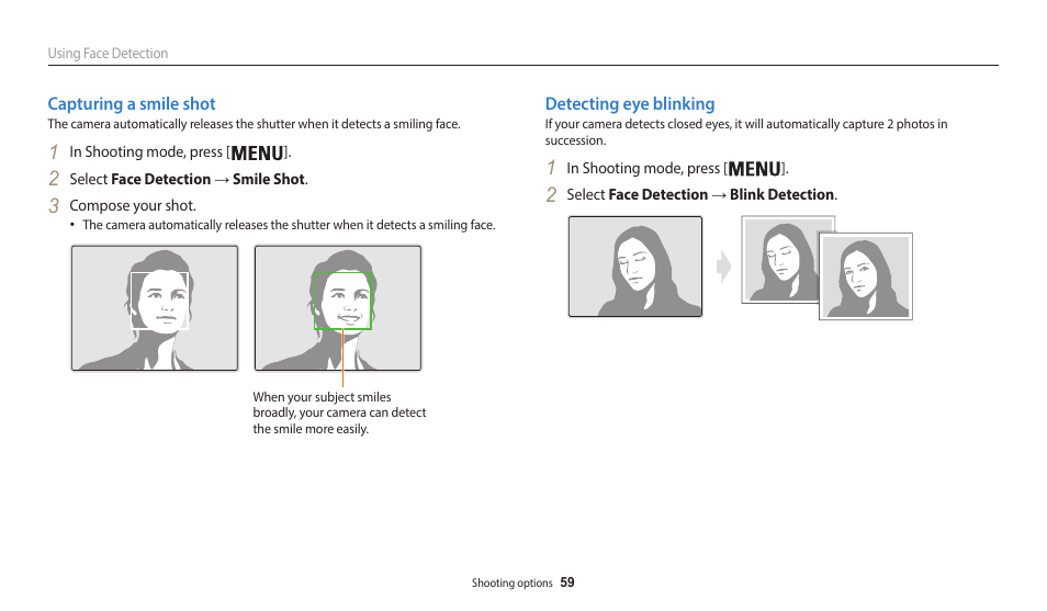 Capturing a smile shot, Detecting eye blinking, Capturing a smile shot detecting eye blinking | Samsung EC-WB35FZBPBUS User Manual | Page 60 / 140