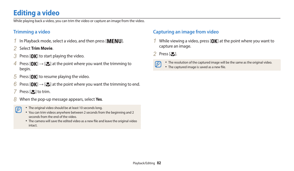 Editing a video, Trimming a video, Capturing an image from video | Trimming a video capturing an image from video | Samsung EC-WB35FZBPBUS User Manual | Page 83 / 140