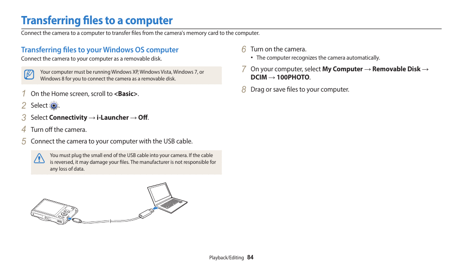 Transferring files to a computer, Transferring files to your windows os computer | Samsung EC-WB35FZBPBUS User Manual | Page 85 / 140