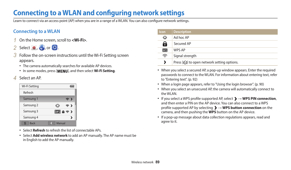 Connecting to a wlan | Samsung EC-WB35FZBPBUS User Manual | Page 90 / 140