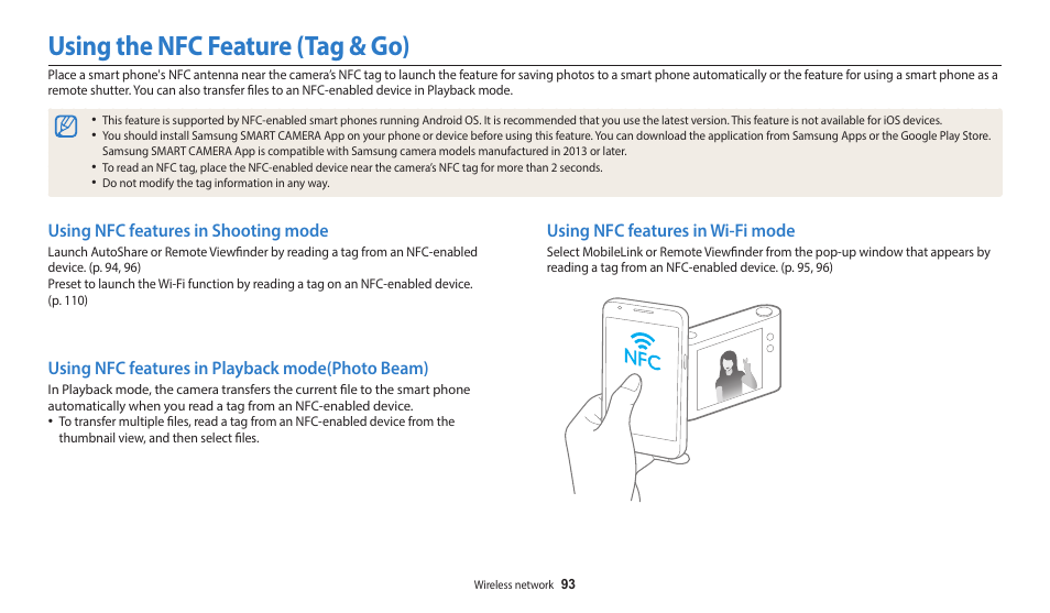 Using the nfc feature (tag & go), Using nfc features in shooting mode, Using nfc features in playback mode(photo beam) | Using nfc features in wi-fi mode, Using nfc features in playback mode (photo beam) | Samsung EC-WB35FZBPBUS User Manual | Page 94 / 140