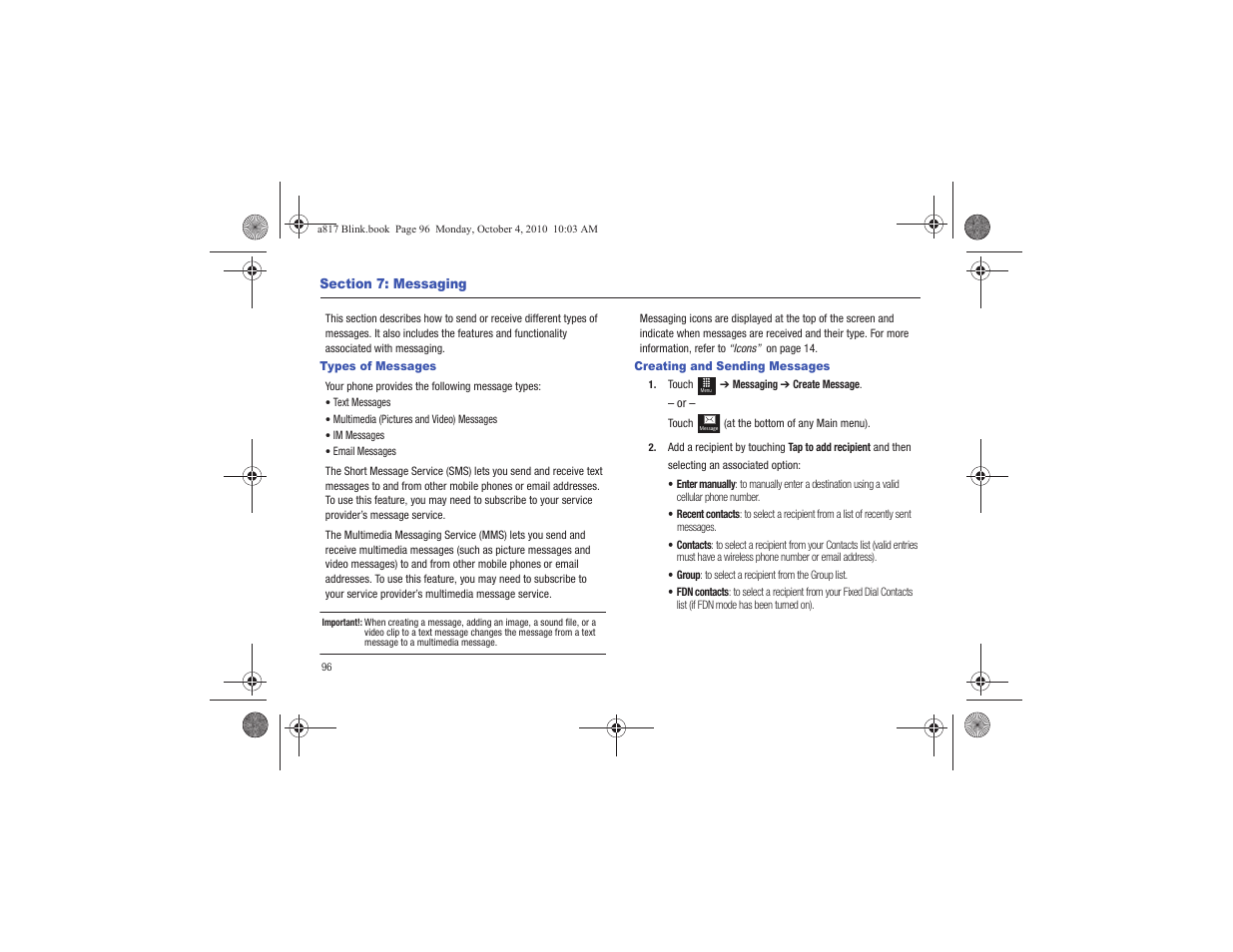 Section 7: messaging, Types of messages, Creating and sending messages | Types of messages creating and sending messages | Samsung SGH-A817ZKAATT User Manual | Page 100 / 199