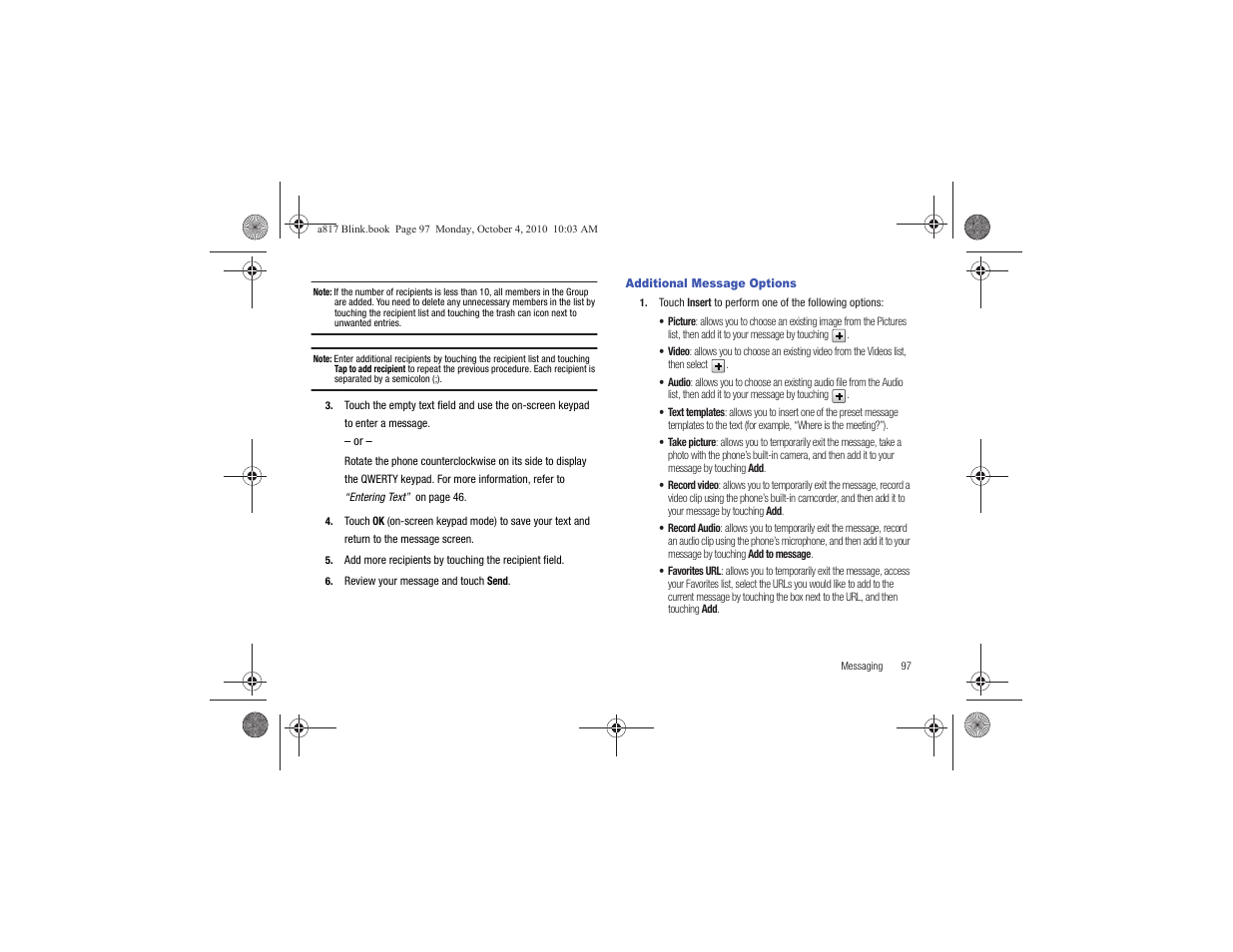 Additional message options | Samsung SGH-A817ZKAATT User Manual | Page 101 / 199