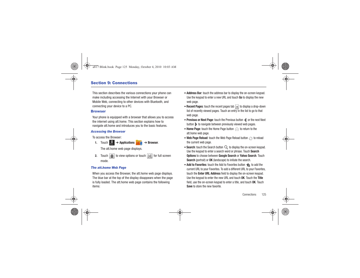 Section 9: connections, Browser | Samsung SGH-A817ZKAATT User Manual | Page 129 / 199