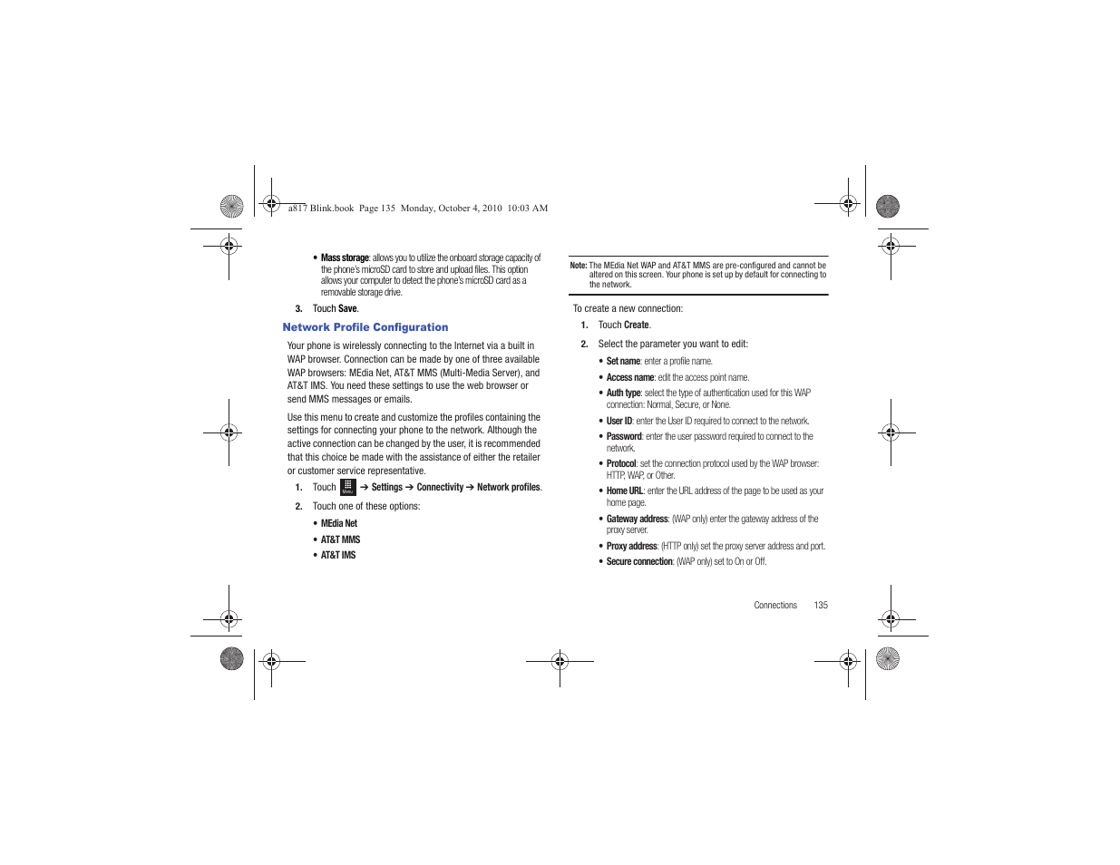 Network profile configuration | Samsung SGH-A817ZKAATT User Manual | Page 139 / 199