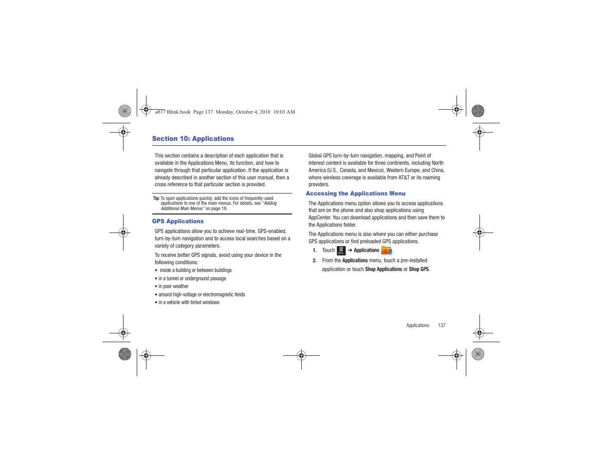 Section 10: applications, Gps applications, Accessing the applications menu | Gps applications accessing the applications menu | Samsung SGH-A817ZKAATT User Manual | Page 141 / 199