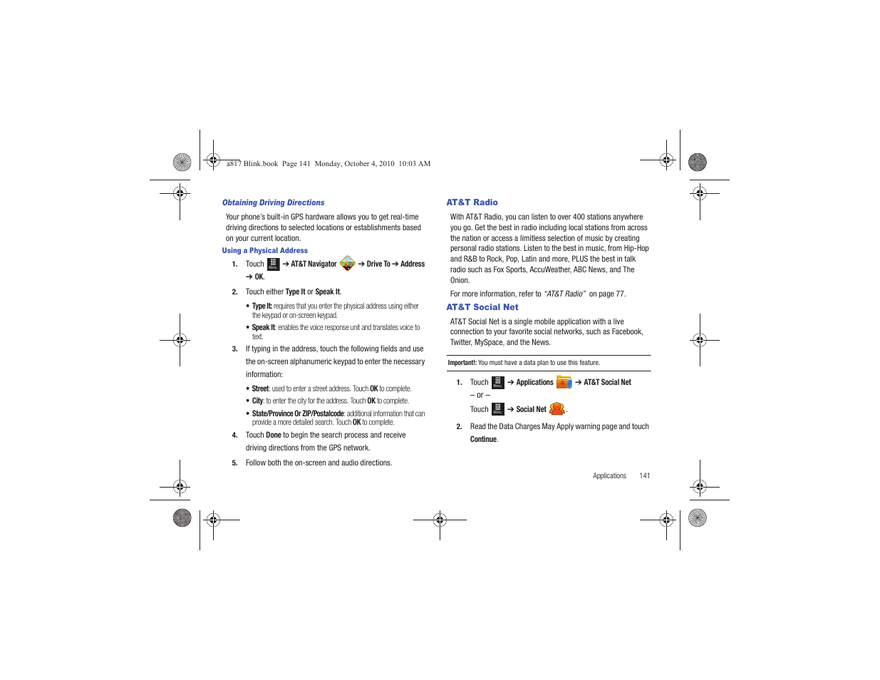 At&t radio, At&t social net, At&t radio at&t social net | Samsung SGH-A817ZKAATT User Manual | Page 145 / 199