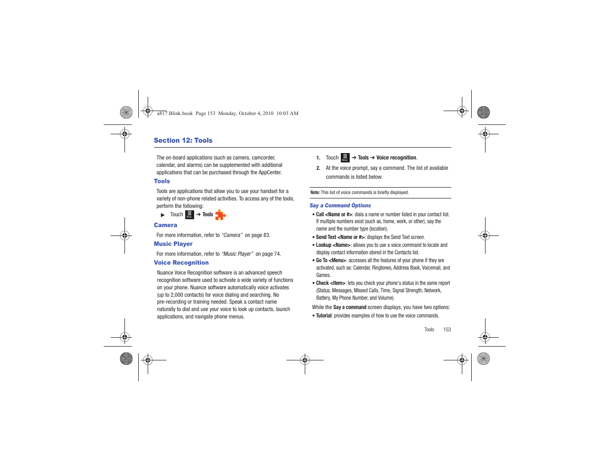 Section 12: tools, Tools, Camera | Music player, Voice recognition, Tools camera music player voice recognition | Samsung SGH-A817ZKAATT User Manual | Page 157 / 199