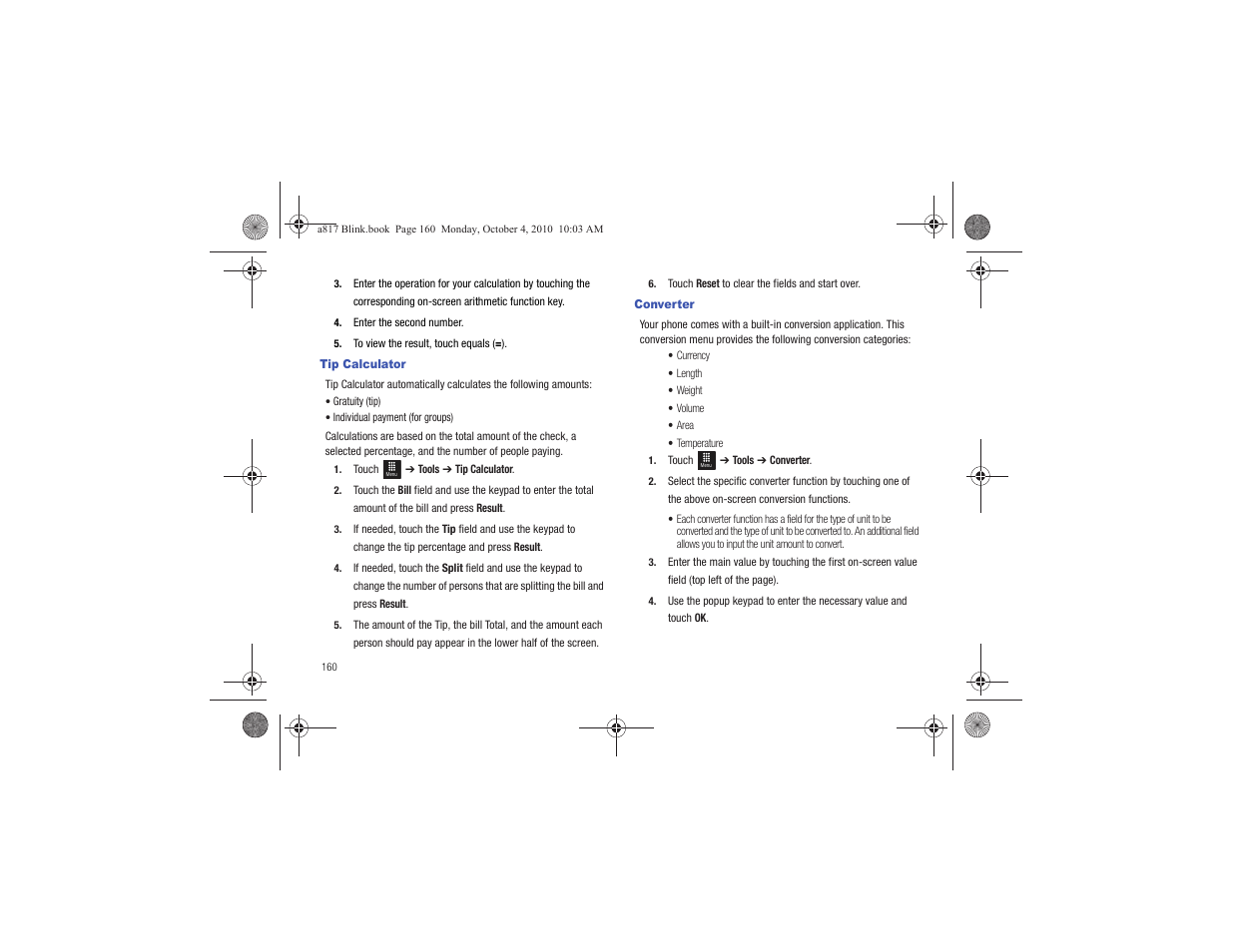 Tip calculator, Converter, Tip calculator converter | Samsung SGH-A817ZKAATT User Manual | Page 164 / 199