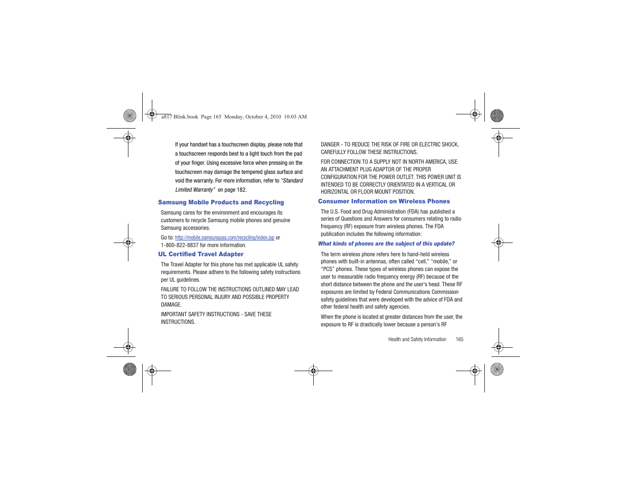 Samsung mobile products and recycling, Ul certified travel adapter, Consumer information on wireless phones | Samsung SGH-A817ZKAATT User Manual | Page 169 / 199