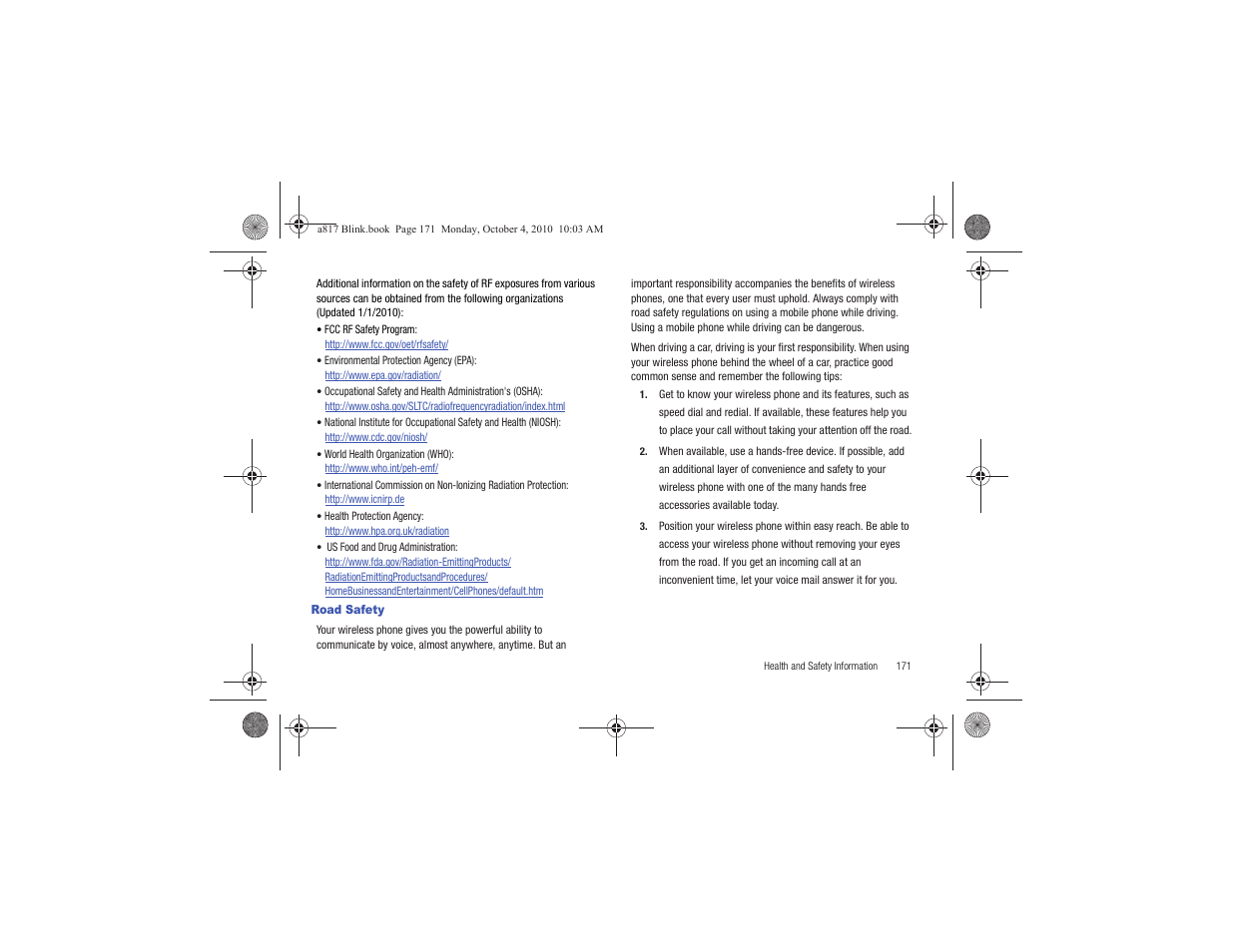 Road safety | Samsung SGH-A817ZKAATT User Manual | Page 175 / 199