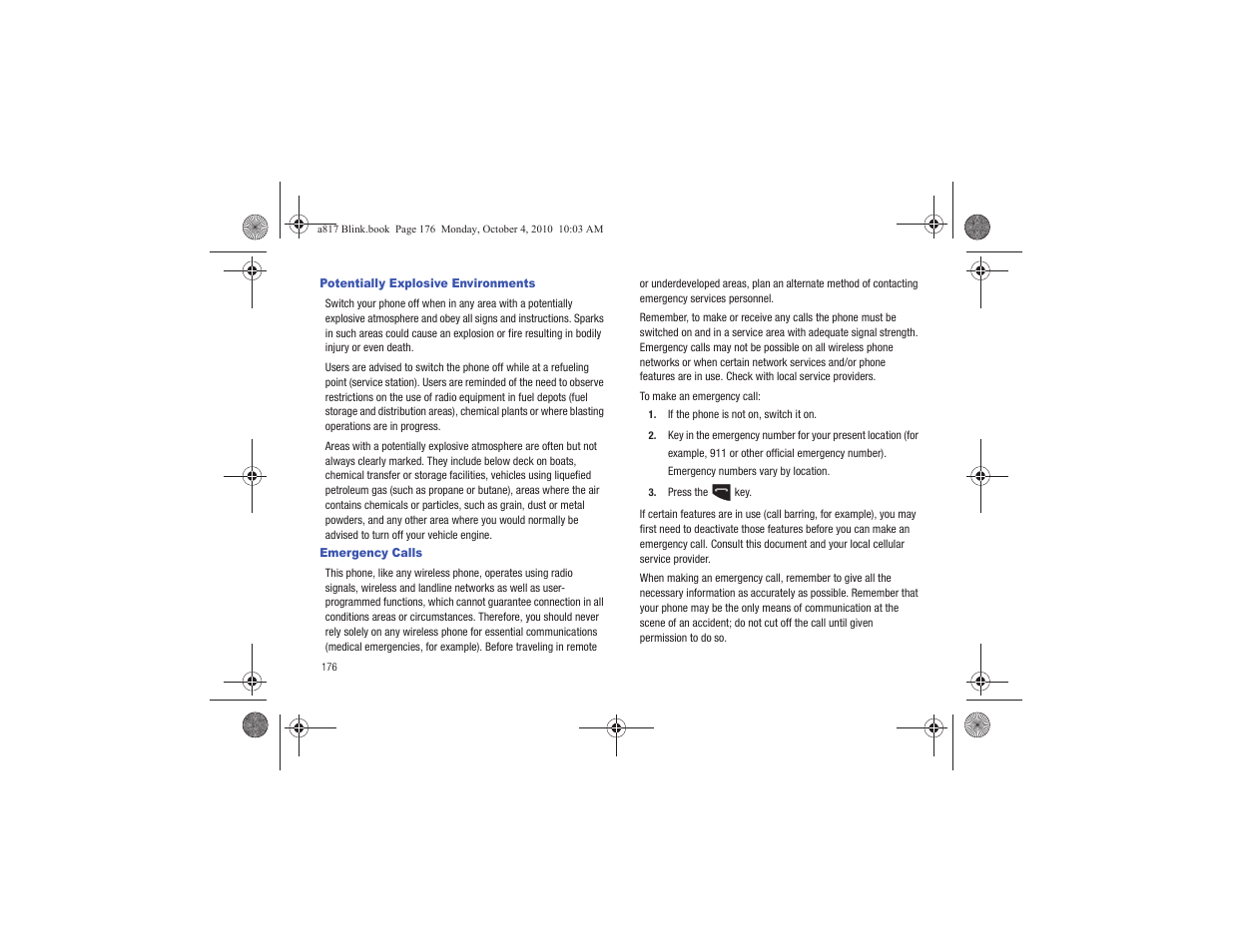 Potentially explosive environments, Emergency calls, Potentially explosive environments emergency calls | Samsung SGH-A817ZKAATT User Manual | Page 180 / 199