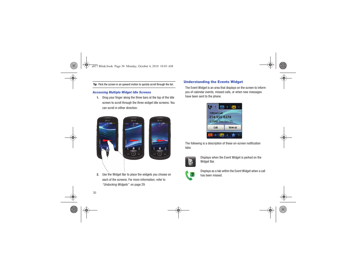 Understanding the events widget | Samsung SGH-A817ZKAATT User Manual | Page 34 / 199