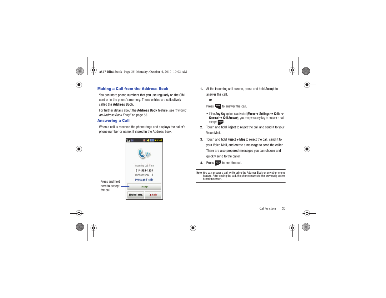 Making a call from the address book, Answering a call | Samsung SGH-A817ZKAATT User Manual | Page 39 / 199