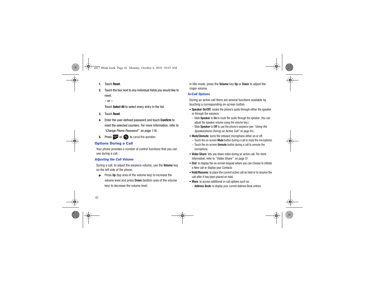 Options during a call | Samsung SGH-A817ZKAATT User Manual | Page 46 / 199