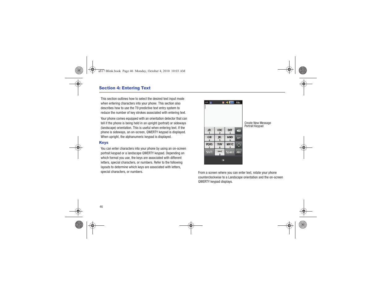 Section 4: entering text, Keys | Samsung SGH-A817ZKAATT User Manual | Page 50 / 199