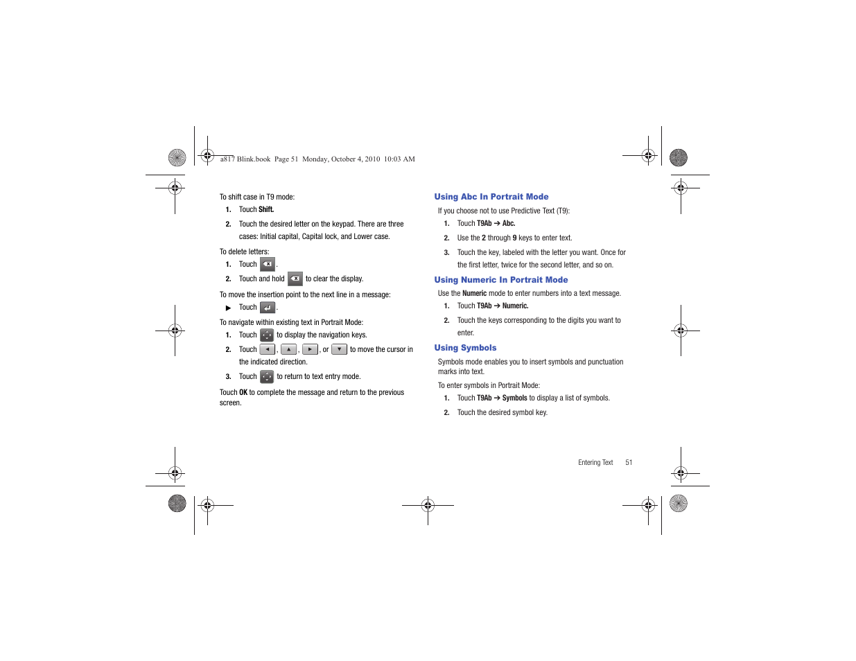 Using abc in portrait mode, Using numeric in portrait mode, Using symbols | Samsung SGH-A817ZKAATT User Manual | Page 55 / 199