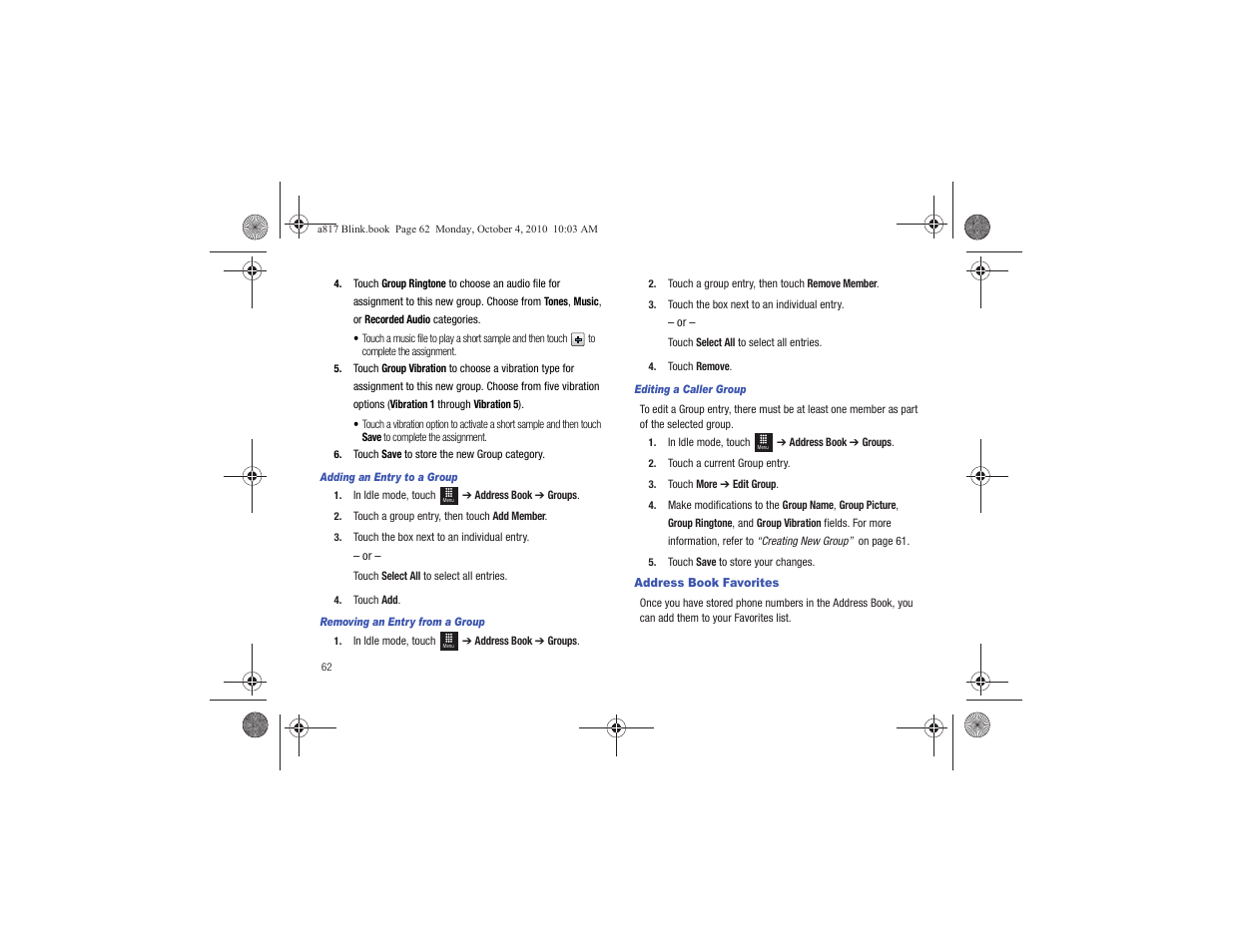 Address book favorites | Samsung SGH-A817ZKAATT User Manual | Page 66 / 199