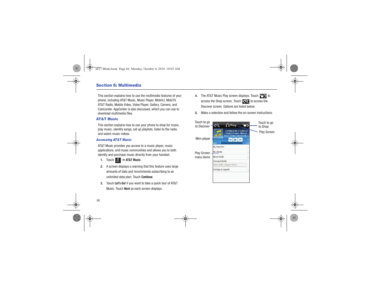 Section 6: multimedia, At&t music | Samsung SGH-A817ZKAATT User Manual | Page 70 / 199