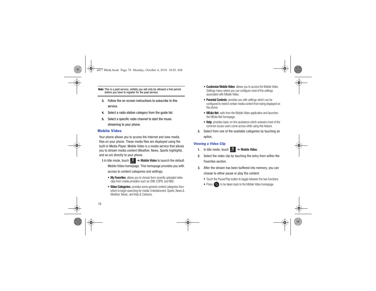 Mobile video | Samsung SGH-A817ZKAATT User Manual | Page 82 / 199