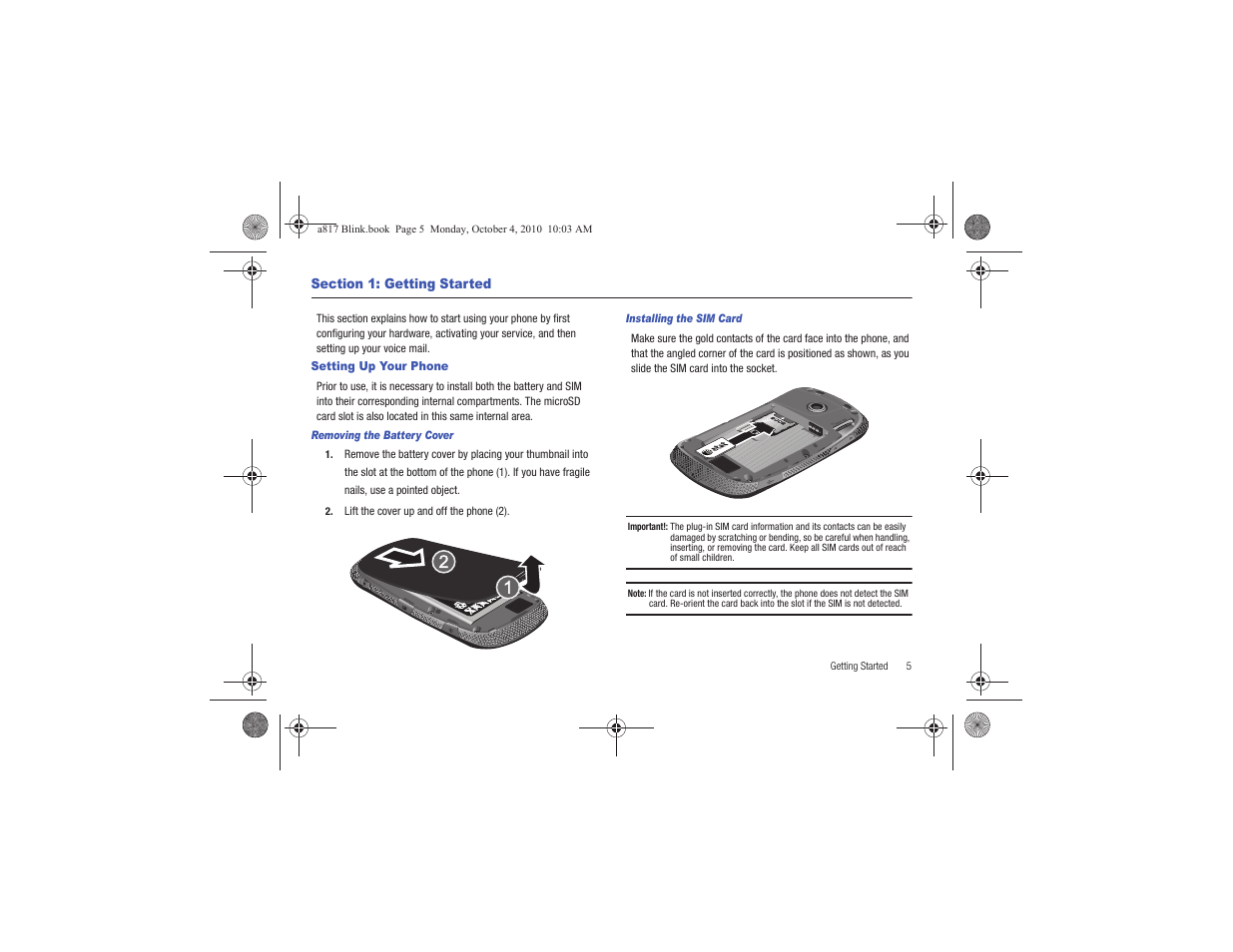 Section 1: getting started, Setting up your phone | Samsung SGH-A817ZKAATT User Manual | Page 9 / 199