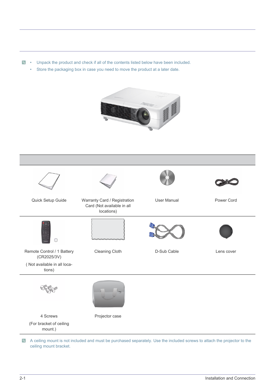 2 installation and connection, 1 package contents, Installation and connection | Package contents -1, 2installation and connection | Samsung SP2203XWCX-ZA User Manual | Page 10 / 65