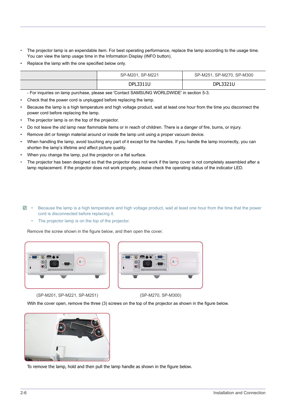 6 lamp replacement, Lamp replacement -6, Cautions on lamp replacement | Lamp replacement procedure | Samsung SP2203XWCX-ZA User Manual | Page 16 / 65