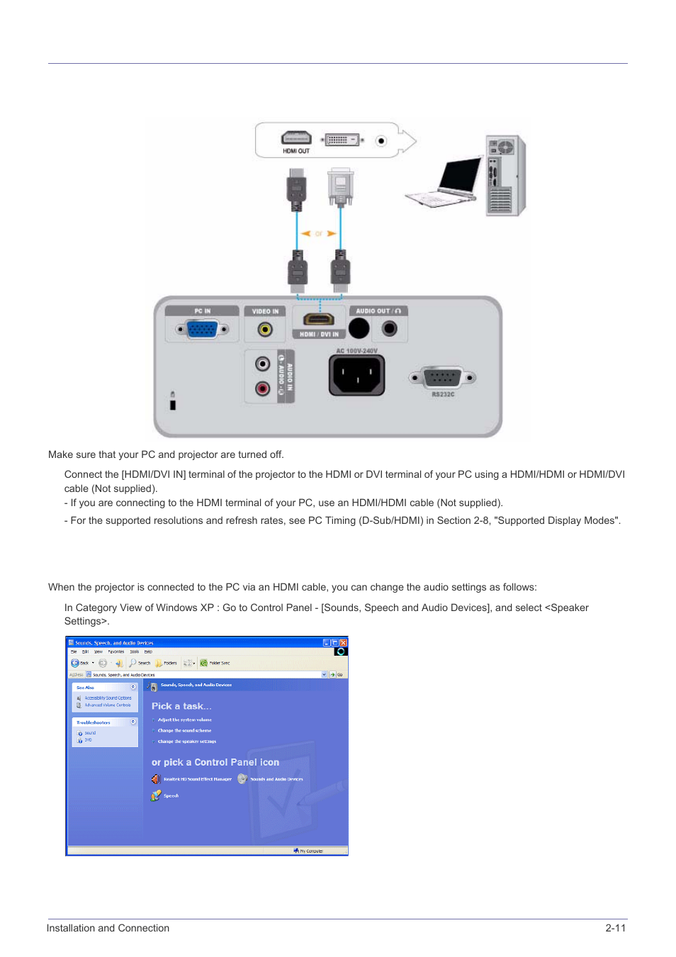 11 connecting a pc using an hdmi/dvi cable, Connecting a pc using an hdmi/dvi cable -11, 11-1. connecting a pc using an hdmi/dvi cable | 11-2. configuring the audio settings for your pc | Samsung SP2203XWCX-ZA User Manual | Page 29 / 65