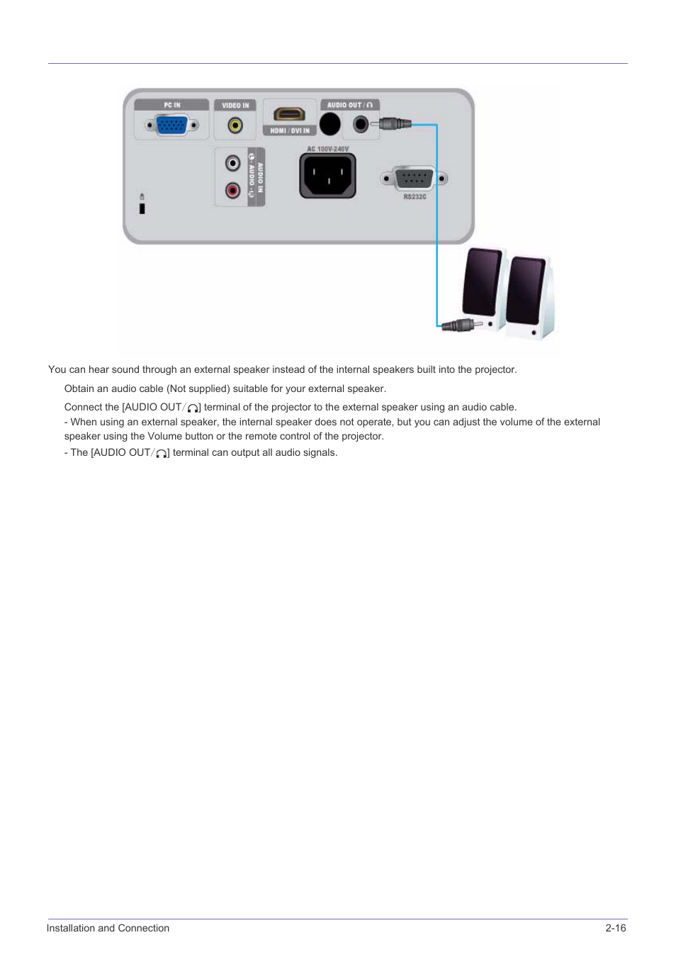 16 connecting an external speaker, Connecting an external speaker -16 | Samsung SP2203XWCX-ZA User Manual | Page 35 / 65