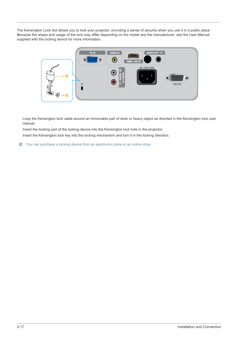 17 kensington lock slot, Kensington lock slot -17 | Samsung SP2203XWCX-ZA User Manual | Page 36 / 65