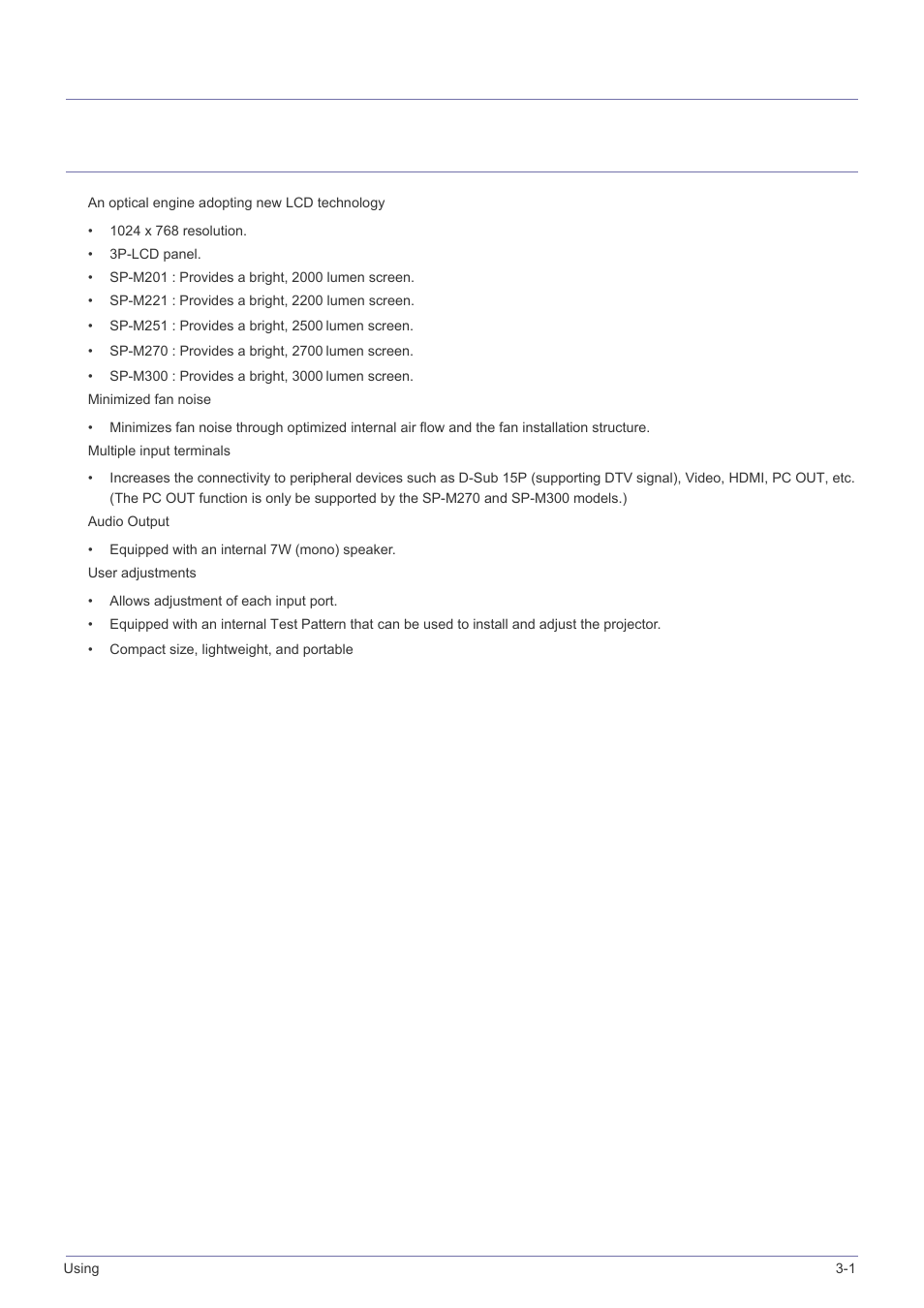 3 using, 1 product features, Using | Product features -1, 3using | Samsung SP2203XWCX-ZA User Manual | Page 37 / 65