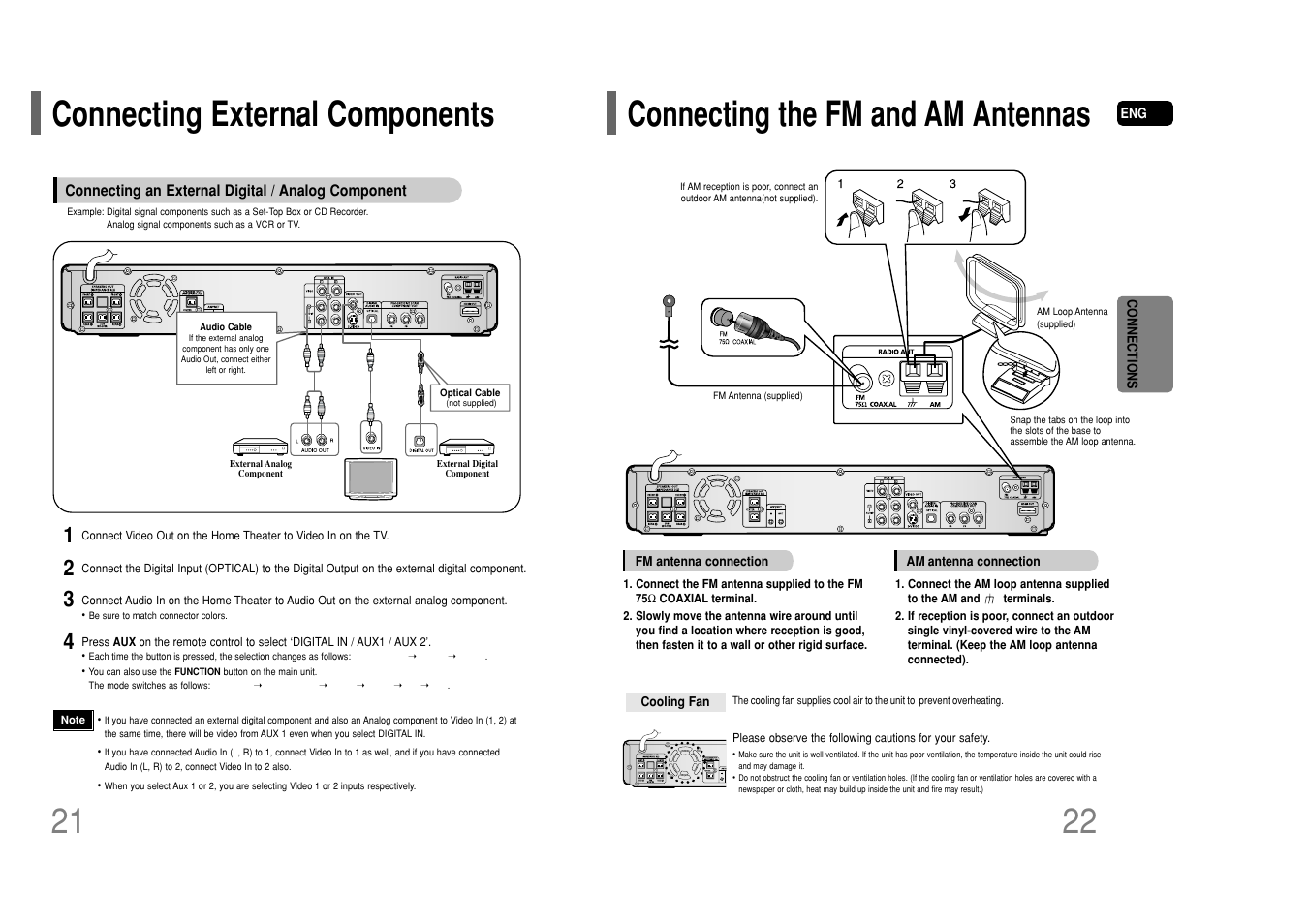 Connecting external components, Connecting the fm and am antennas | Samsung HT-P50T-XAC User Manual | Page 12 / 39