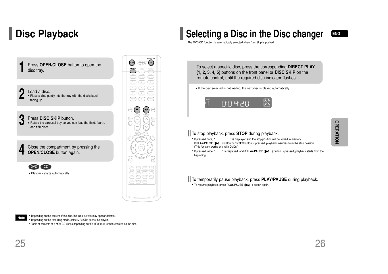 Operation, Disc playback, Selecting a disc in the disc changer | Samsung HT-P50T-XAC User Manual | Page 14 / 39