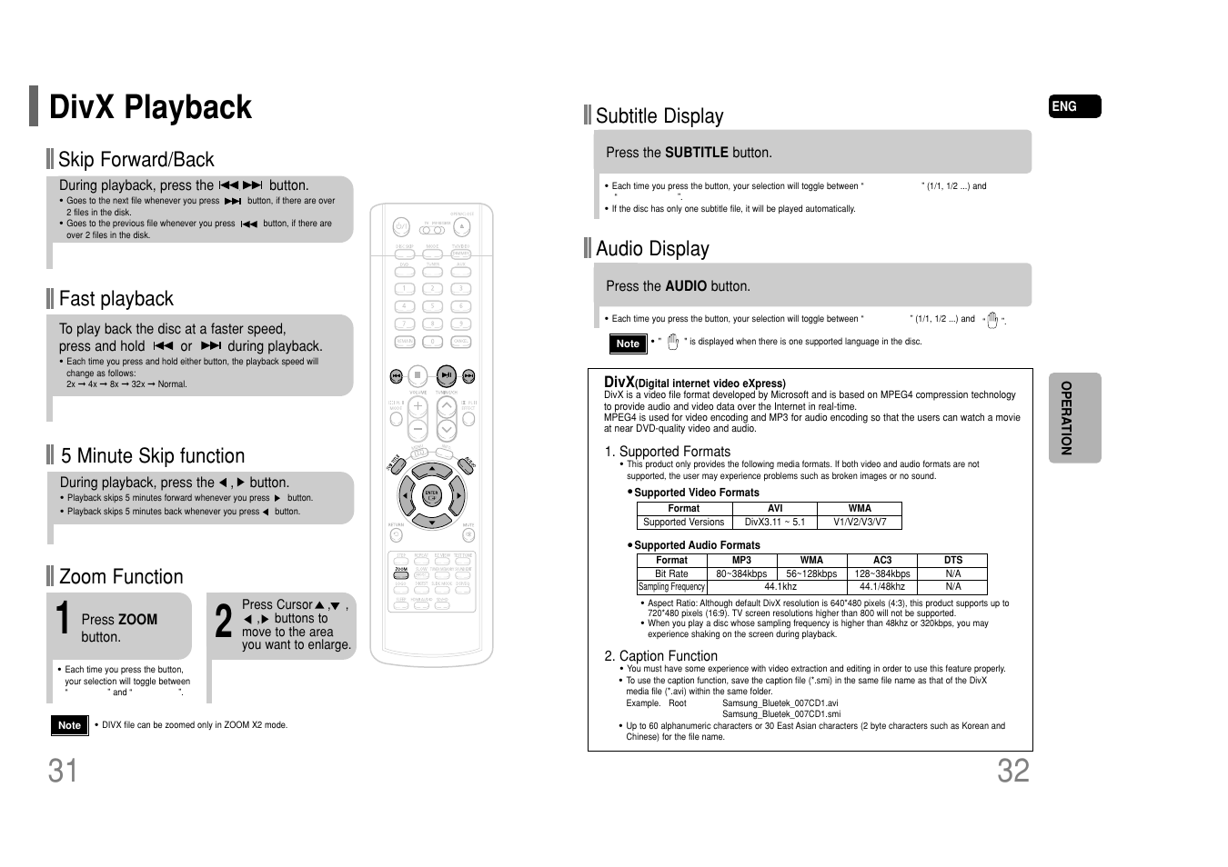 Divx playback, Fast playback skip forward/back, Zoom function | 5 minute skip function, Subtitle display, Audio display | Samsung HT-P50T-XAC User Manual | Page 17 / 39