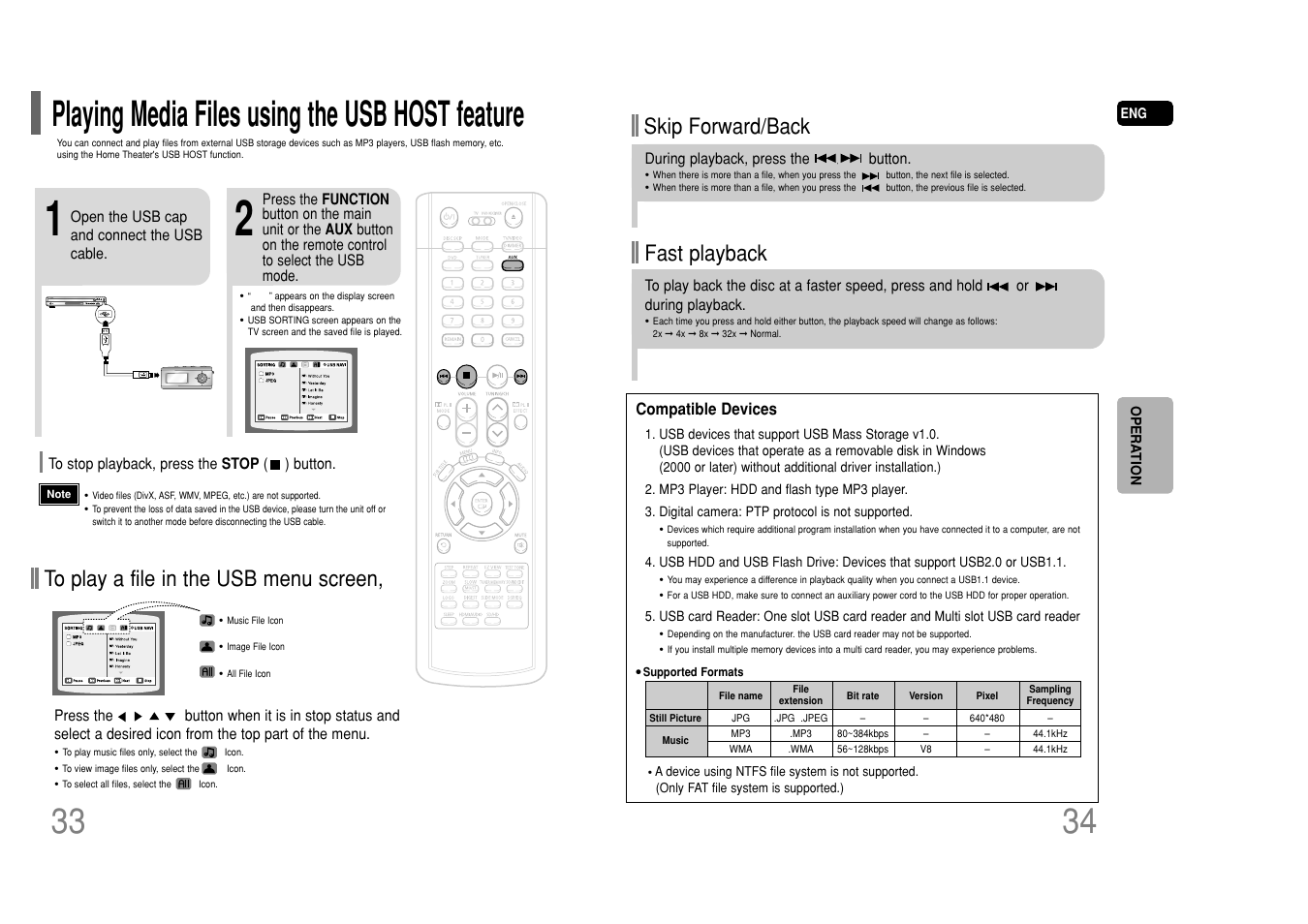 Playing media files using the usb host feature, Fast playback skip forward/back | Samsung HT-P50T-XAC User Manual | Page 18 / 39