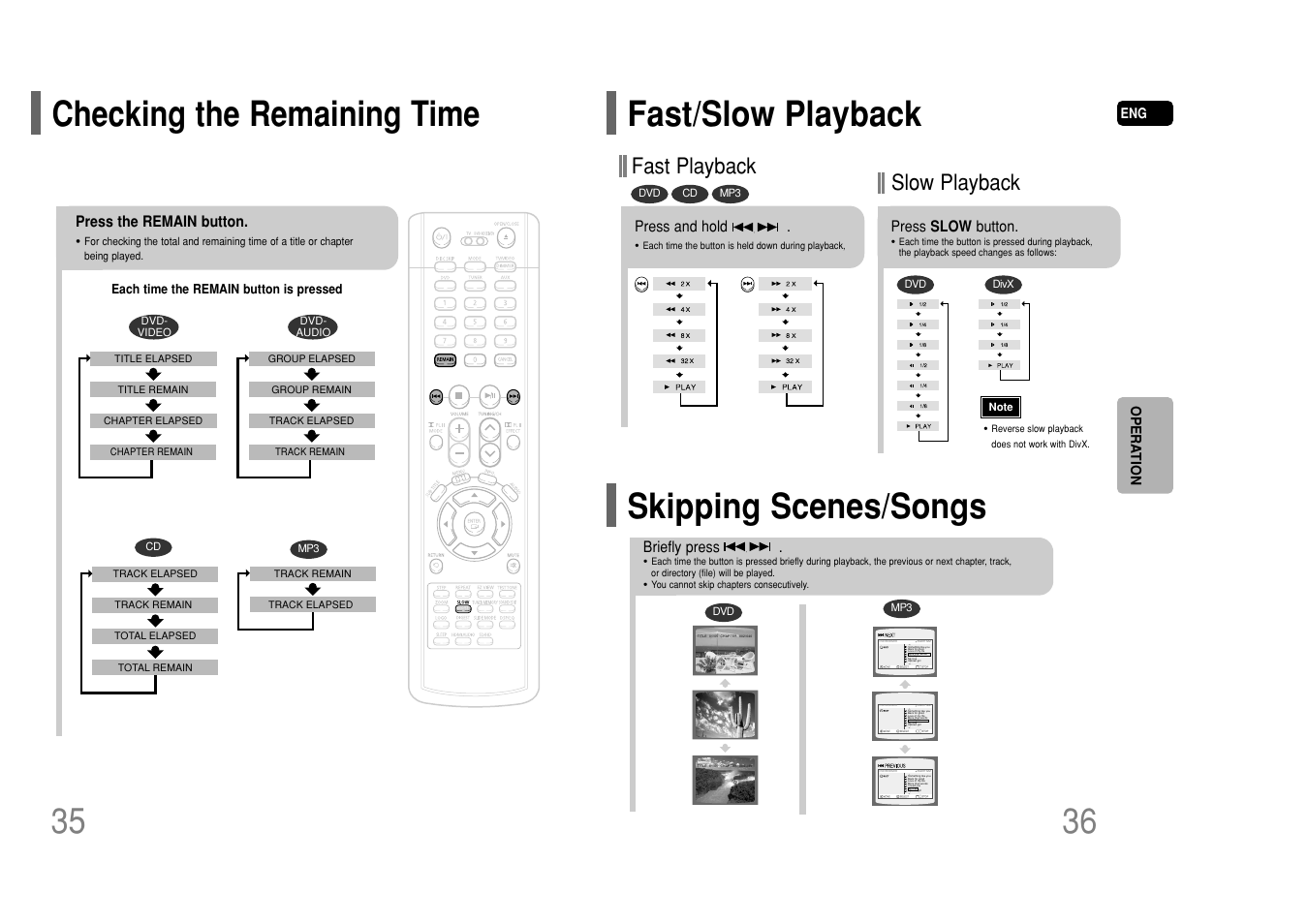 Checking the remaining time, Fast/slow playback, Skipping scenes/songs | Fast/slow playback skipping scenes/songs, Fast playback, Slow playback | Samsung HT-P50T-XAC User Manual | Page 19 / 39