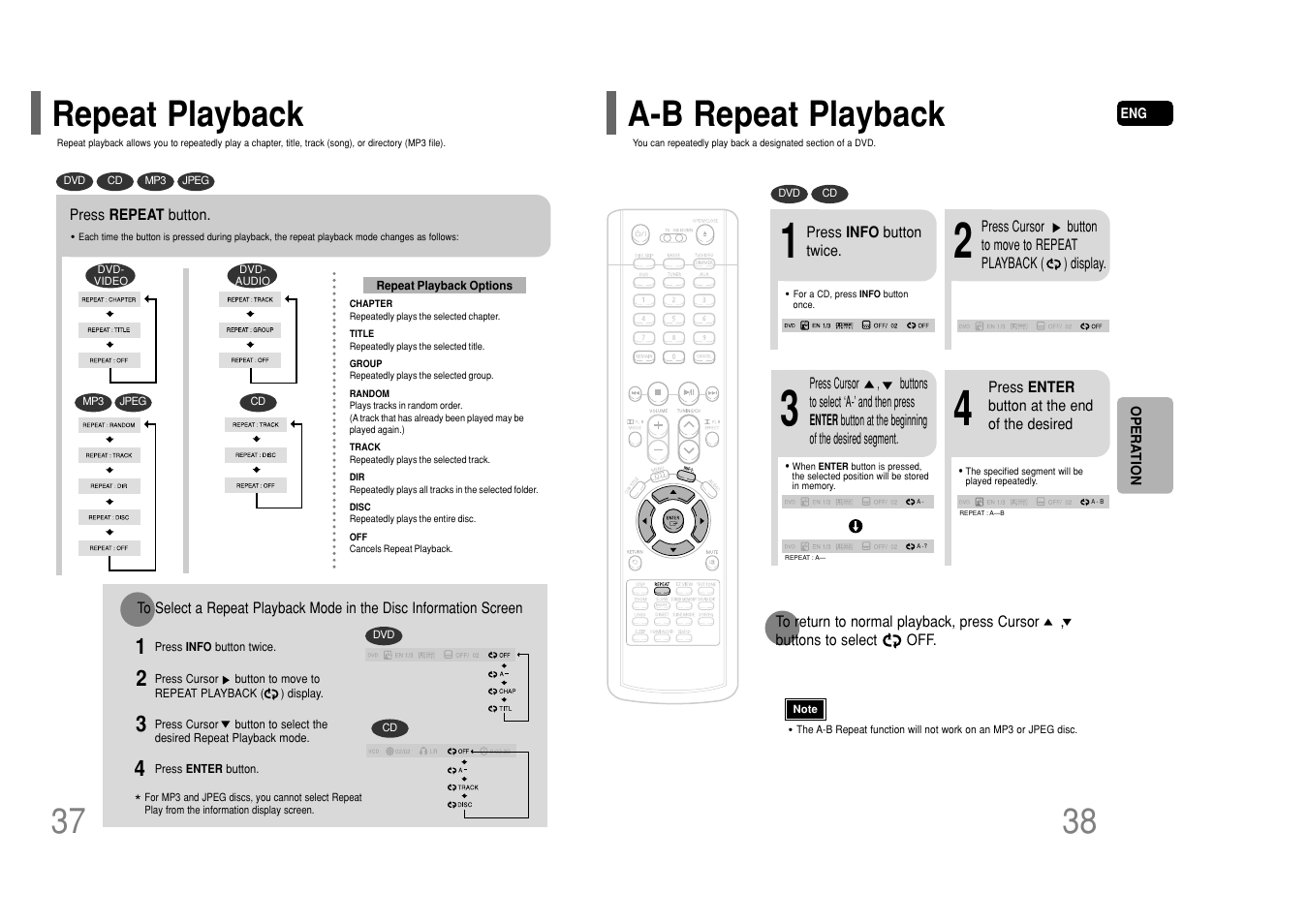 Repeat playback, A-b repeat playback, Repeat playback a-b repeat playback | Samsung HT-P50T-XAC User Manual | Page 20 / 39