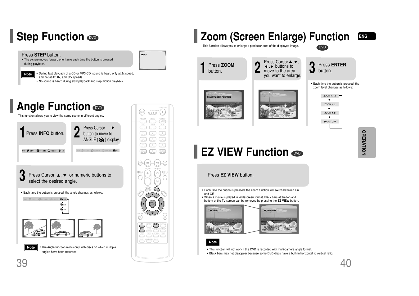 Step function, Angle function, Zoom (screen enlarge) function | Ez view function, Zoom (screen enlarge) function ez view function | Samsung HT-P50T-XAC User Manual | Page 21 / 39